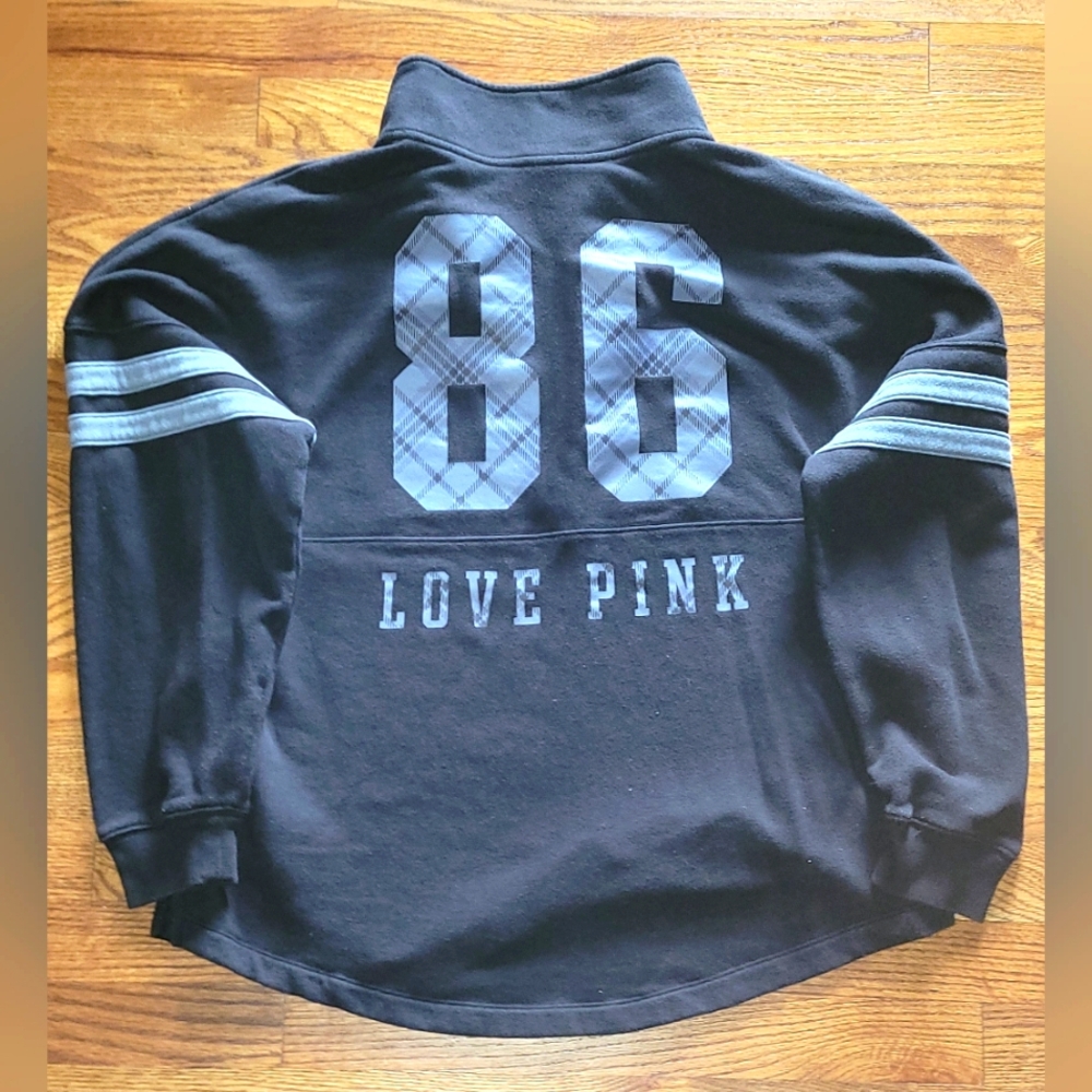PINK Victoria's Secret Black 1/4 Zip Front Sweatshirt with Blue Accents Size M